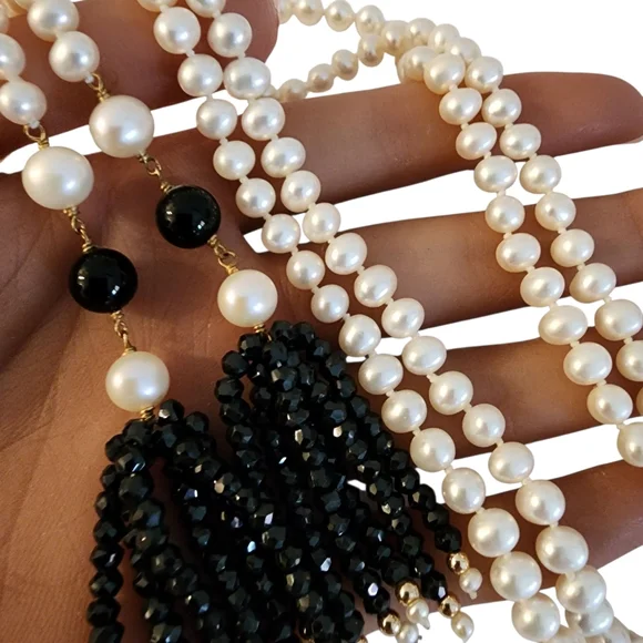 Lariat pearl necklace petite pearls high luster 18k GP hand knottedA0123 -1Q